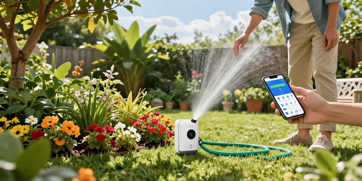 wifi sprinkler controller displayed in a vibrant garden with a homeowner setting it up