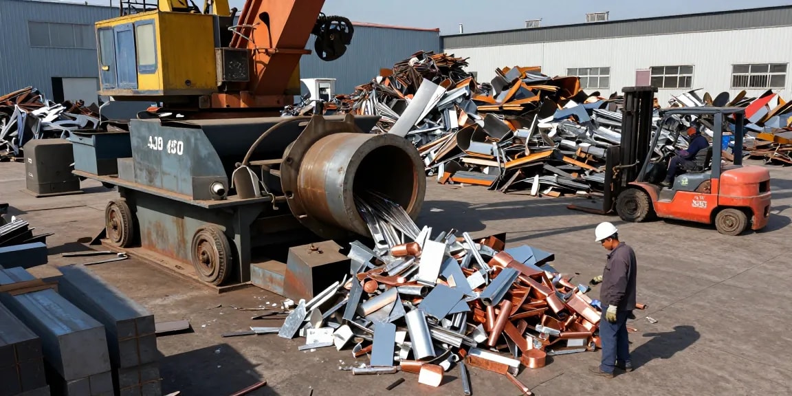 Tempat daur ulang logam dengan pekerja aktif memproses scrap metal di https://www.scrapsolutionplace.com/ dengan pencahayaan yang cerah dan alat berat.