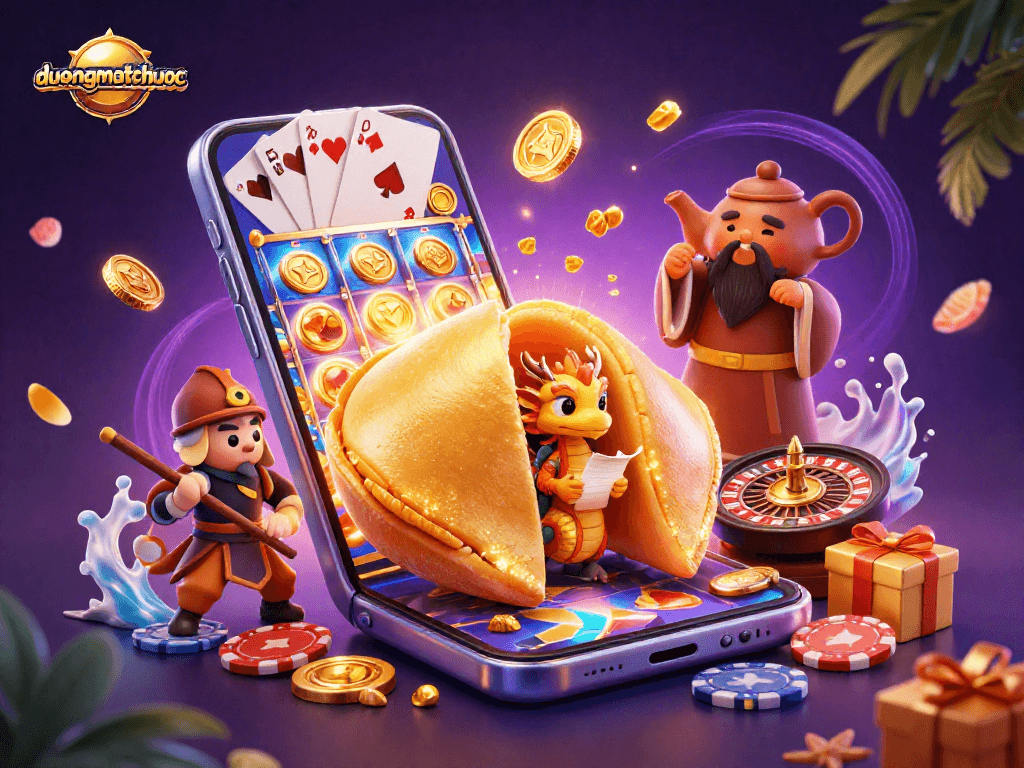 Enjoy thrilling gameplay with duongmatchuoc, featuring a dynamic scene of a golden fortune cookie and casino elements.