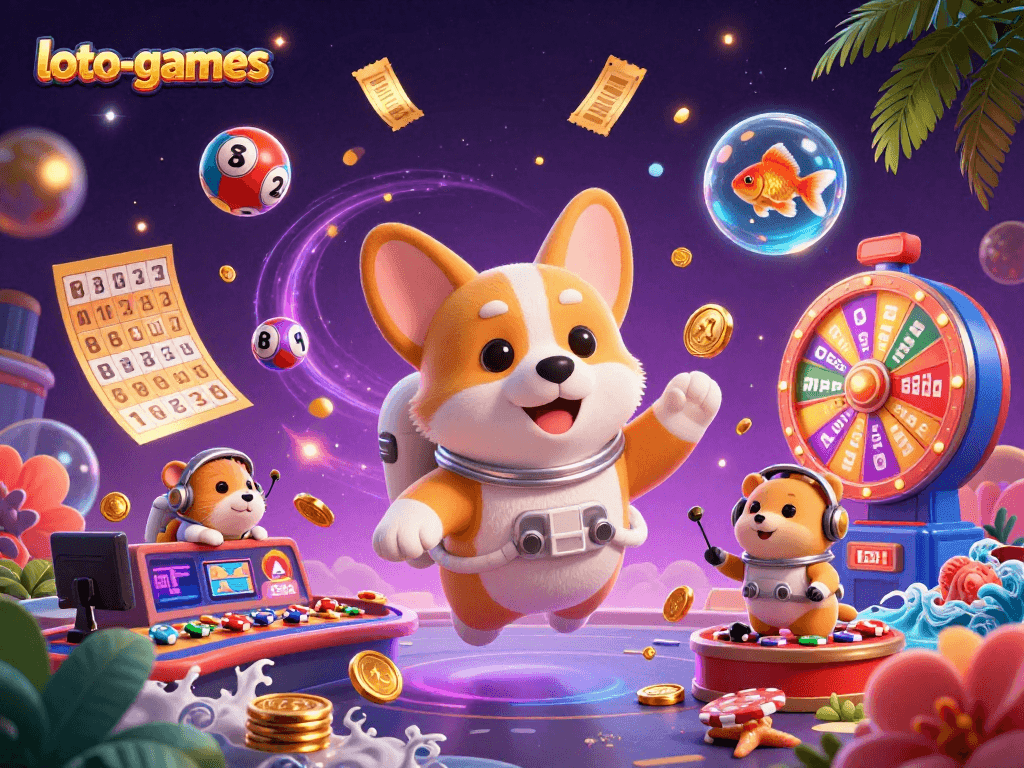 Experience the thrill of loto-games with vibrant lottery balls and fun characters in a dynamic casino scene.
