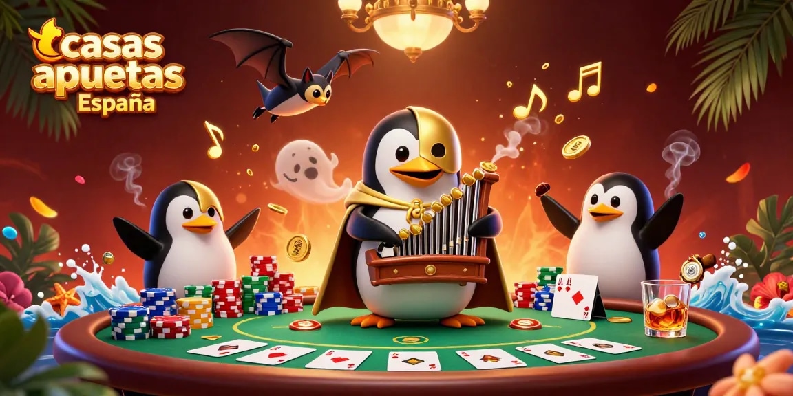 Disfruta de las casas de apuestas España con una ilustración vibrante de un pingüino fantasma.