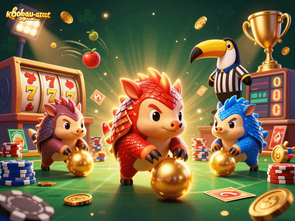 Experience the thrill of khobau-aztec with 3D pangolins and jackpot elements in a vibrant casino scene.