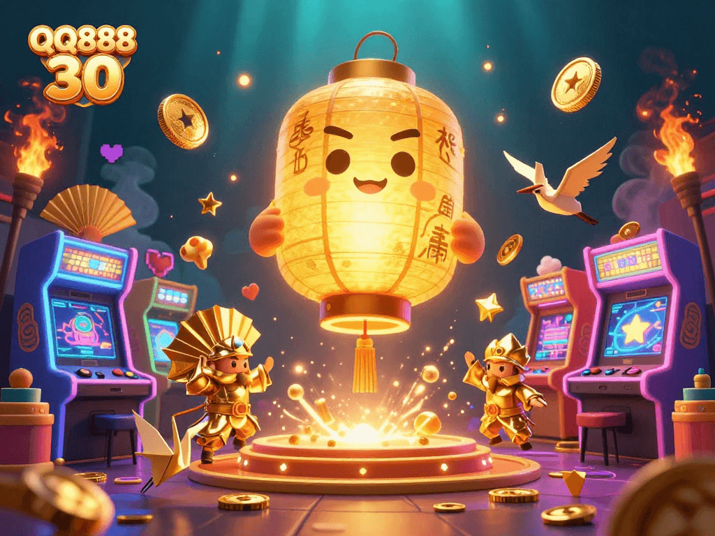 Engage with QQ888 30 in a 3D vibrant casino scene filled with rich gaming elements and golden spirits.