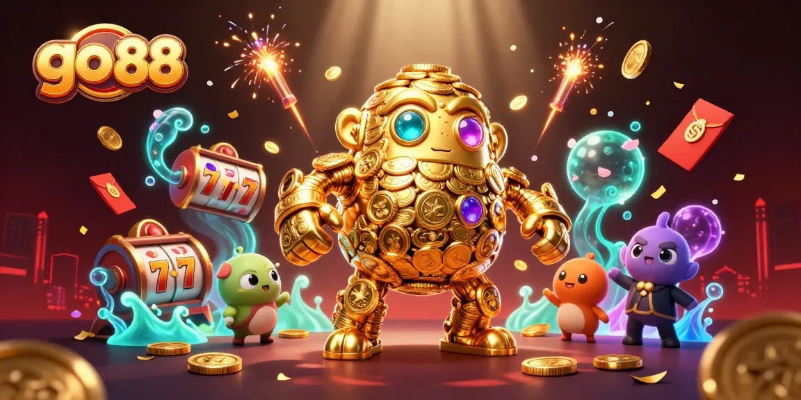 Spin the reels with the go 88 casino-themed golden golem amidst vibrant gaming elements.