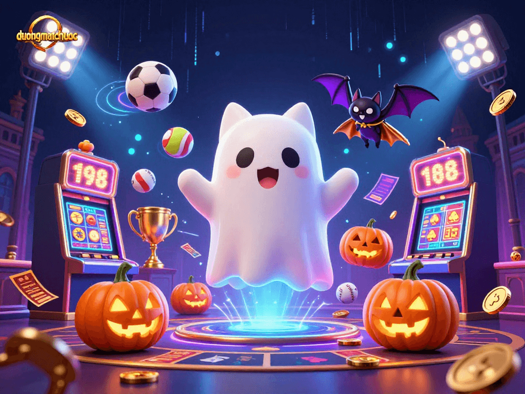 Engage with duongmatchuoc's vibrant casino world featuring a ghost cat, a vampire bat, and glowing jack-o-lanterns.