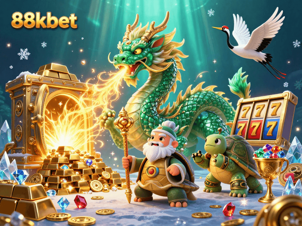 Experience thrilling action at 88kbet with an intricate illustration of a jade dragon, a sage, and treasure.