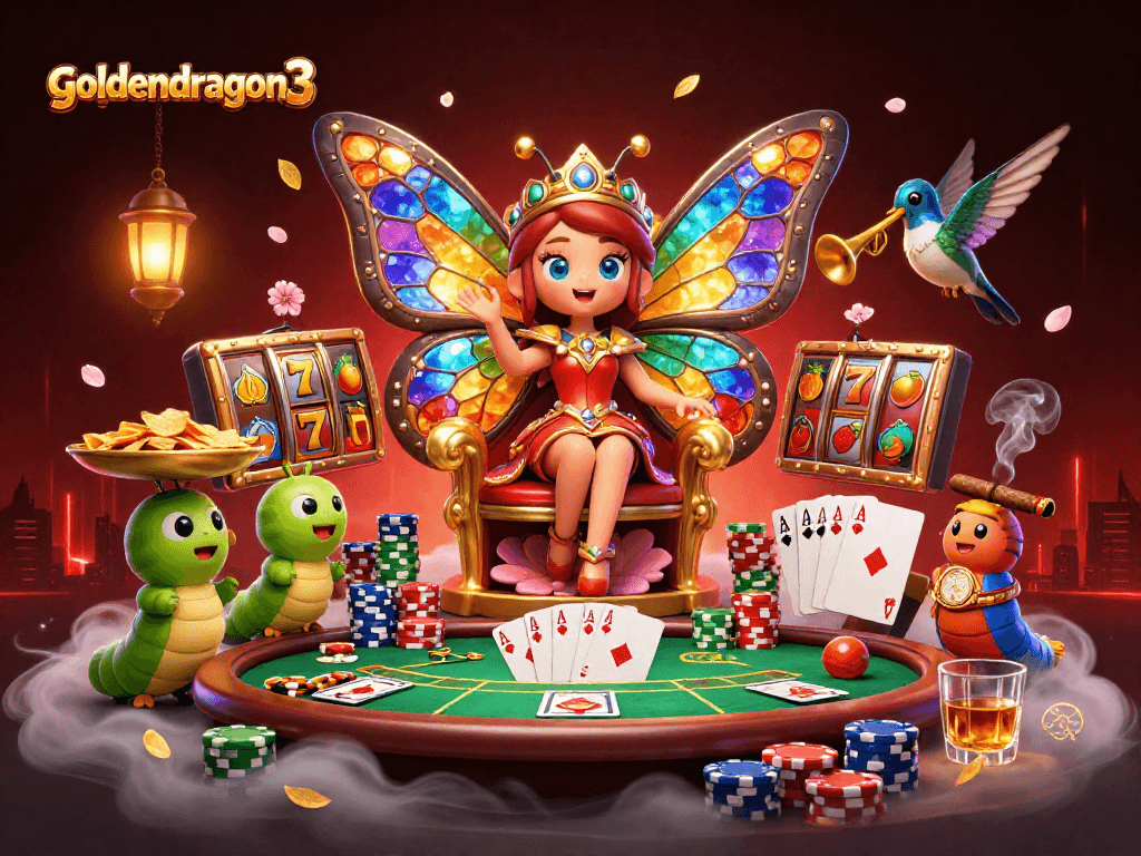 Experience the thrilling excitement of goldendragon3 with a vibrant 3D digital illustration depicting a whimsical casino atmosphere.