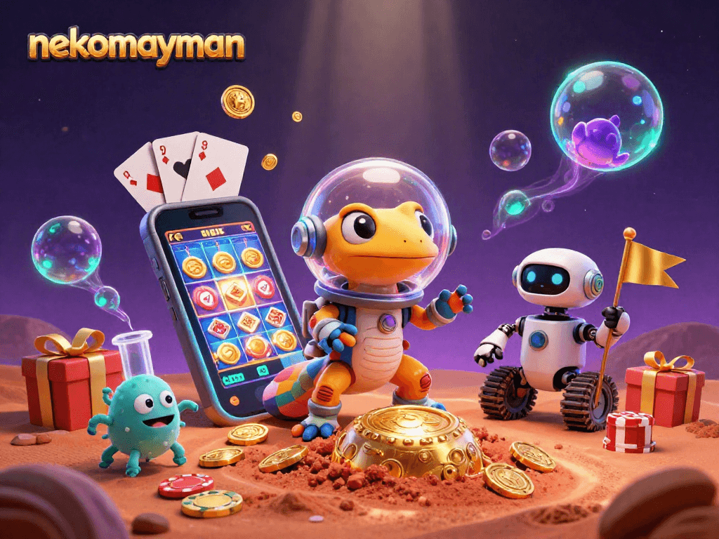 Spin the reels with nekomayman and experience the excitement of winning in a colorful casino scene.