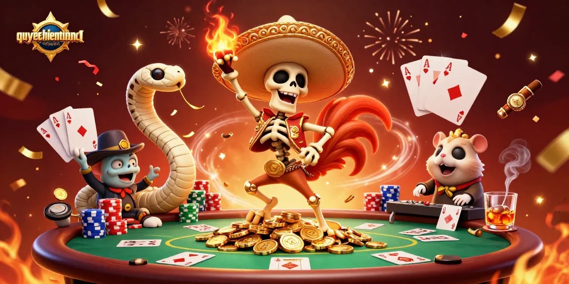 Experience thrilling gaming action in quyetchientienthuong, featuring a festive scene with vibrant characters and poker elements celebrating victory.