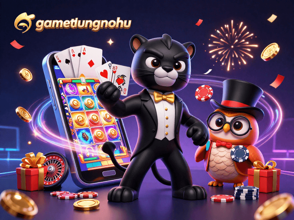 Experience vibrant gaming action with gamethuongnohu featuring a tuxedoed black panther and friends at a casino.