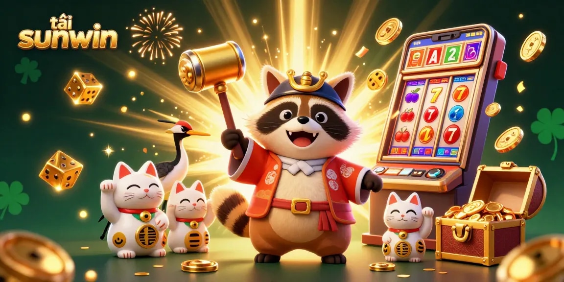 Tải sunwin with cheerful tanuki and lucky symbols in a vibrant 3D casino scene.