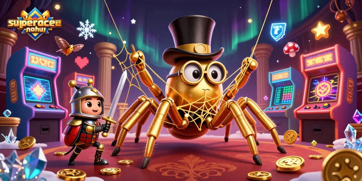 superace-nohu showcases a golden tarantula weaving a web of gold amidst casino symbols
