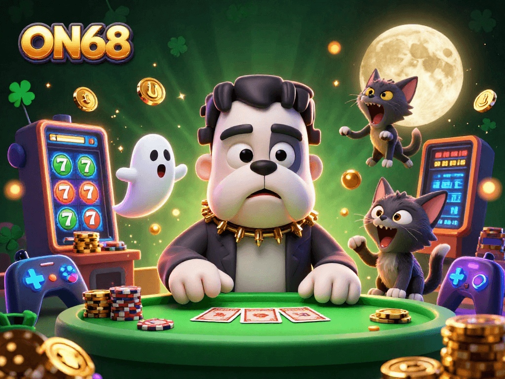 ON68 showcases a monster dealer at a spooky casino table amidst colorful slot symbols and sparkling particles.