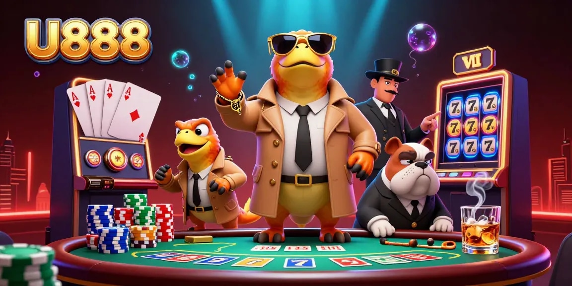 U888 raptors attempt to enter a VIP casino lounge in a vibrant, action-packed scene.