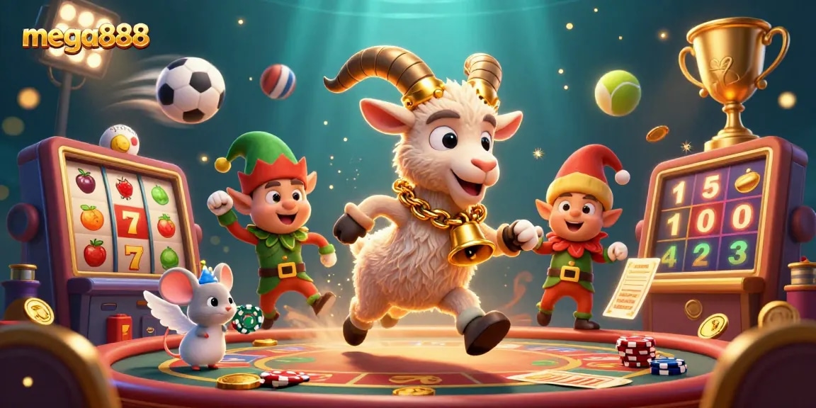 Experience mega888 with lively 3D animation featuring casino games, characters in a festive scene.