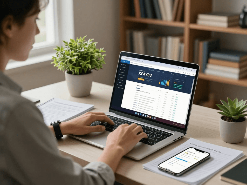 Focused individual analyzing XPAY33 official site in a productive home office.
