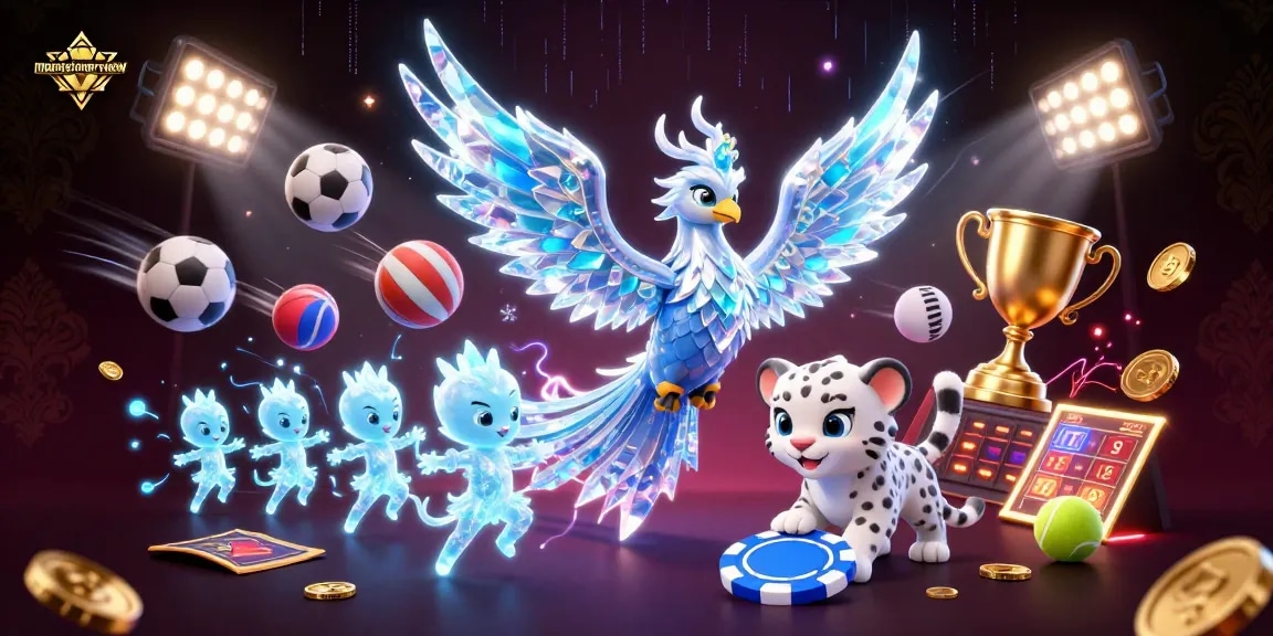MonsterTowerReview captures an excited scene with a 3D cartoon ice phoenix and playful elements in a vibrant gambling ambiance.