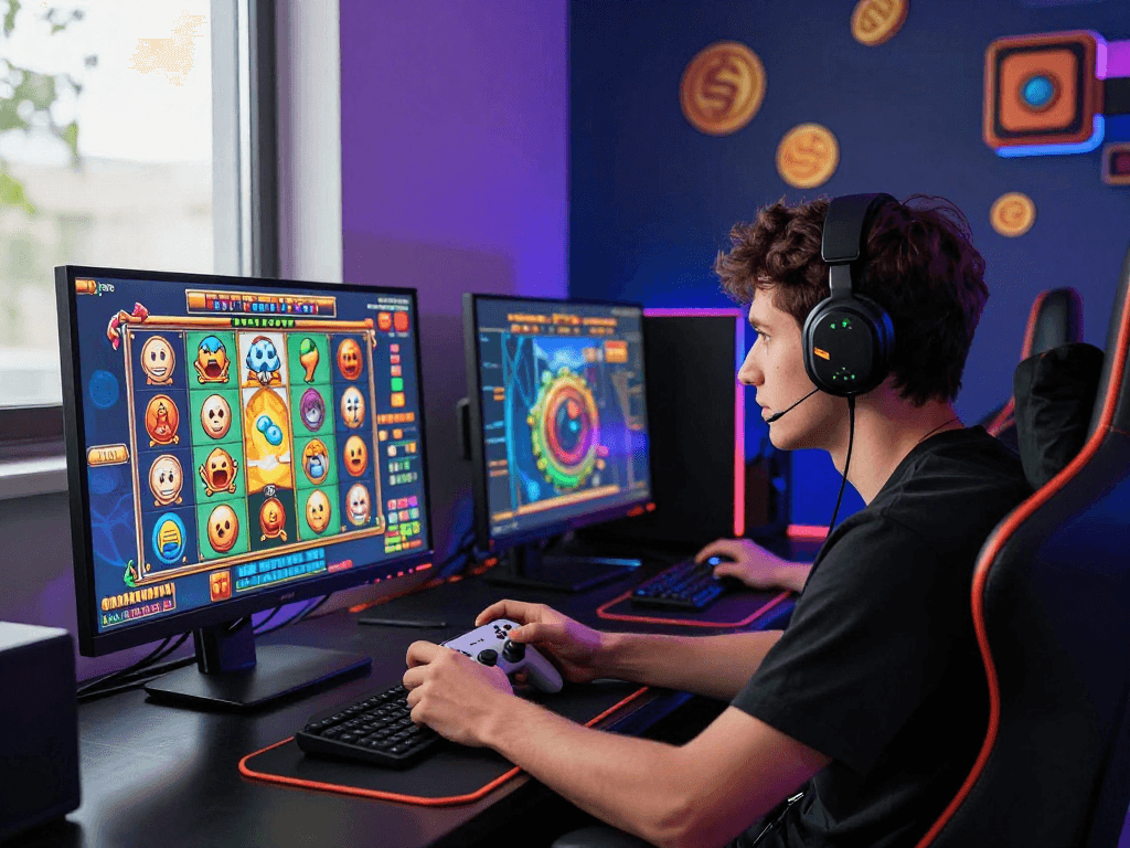 Engaging gaming scene featuring a player immersed in slot games at https://www.benmillerband.com/ with colorful visuals and gaming accessories.