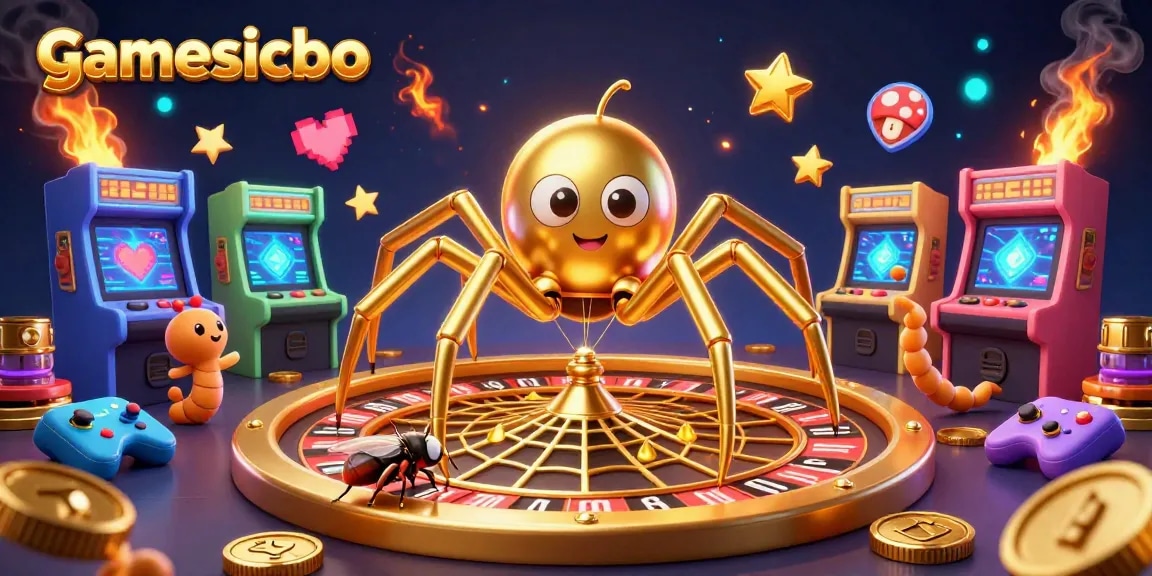 Experience thrilling gamesicbo action with a spider-themed roulette web and colorful game elements in a vibrant casino scene.