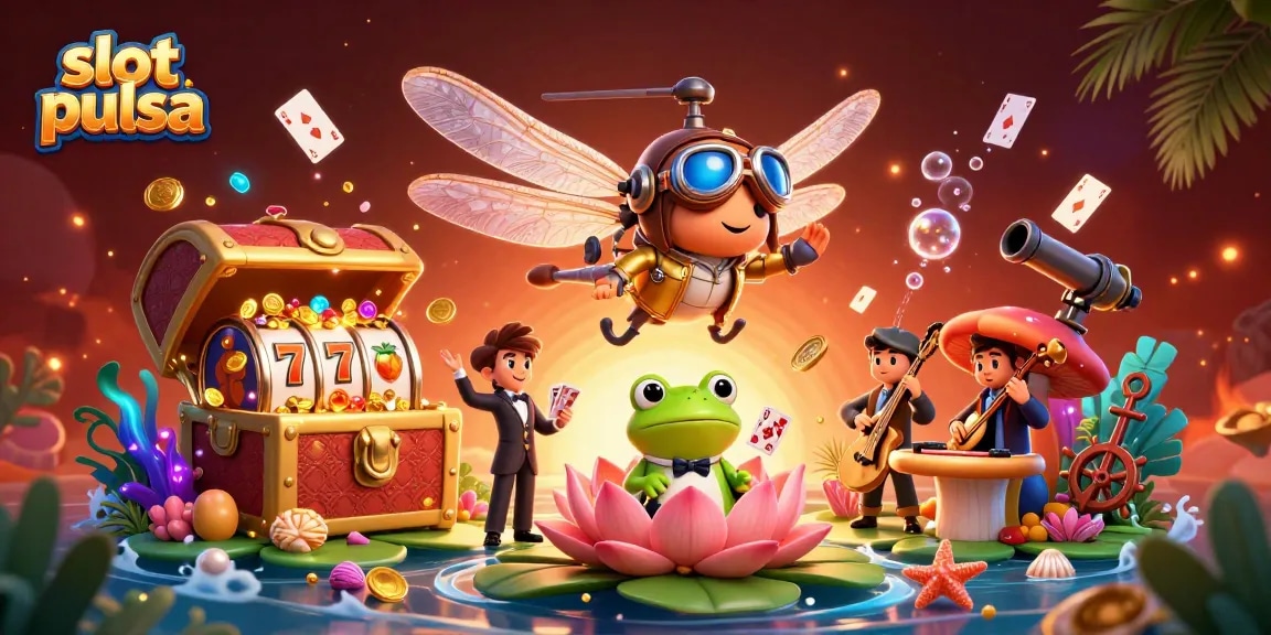 Permainan slot pulsa menarik dengan gulungan slot, koin emas, dan simbol buah yang memikat