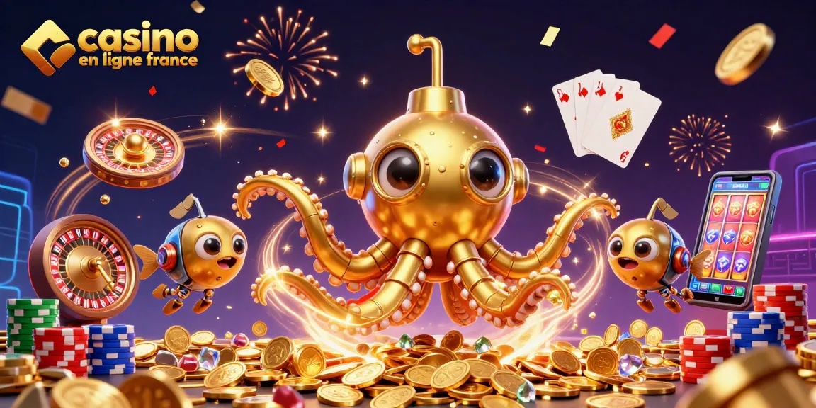 Jouer au casino en ligne France avec des machines à sous, des jeux de cartes et des jackpots, entouré de pièces d'or.