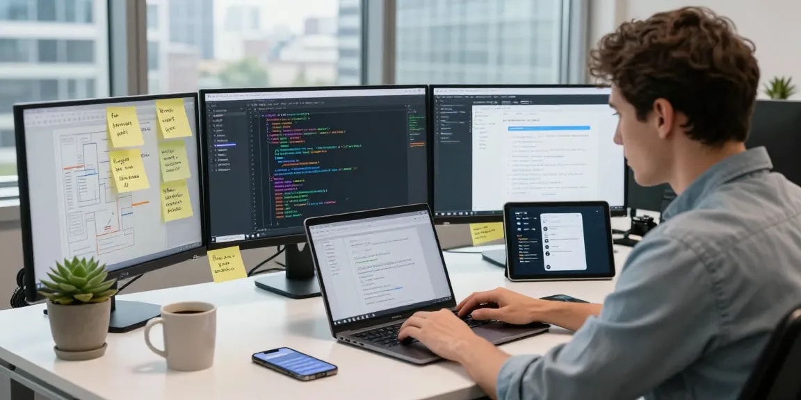 Developer building internal tools with AI in a modern workspace, showcasing code and collaboration.