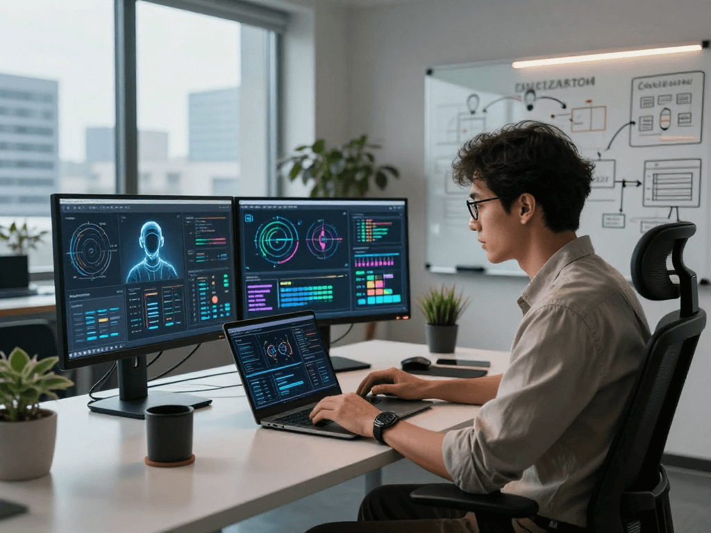 An innovative AI 18+ technology workspace with a professional analyzing data on sleek laptops.