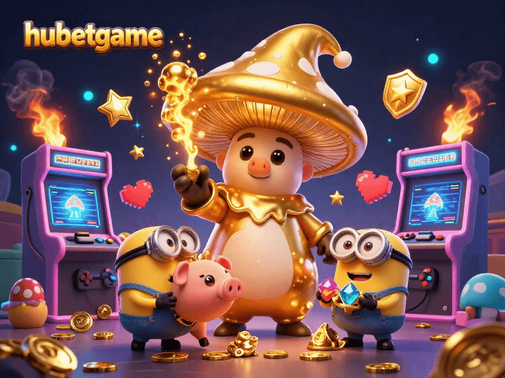 Win big at hubetgame with a magical 3D casino illustration featuring a golden mushroom wizard.