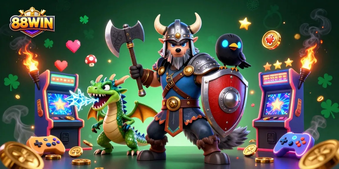 Experience thrilling gaming with 88WIN's vibrant casino adventure featuring a Viking warrior and dragon.