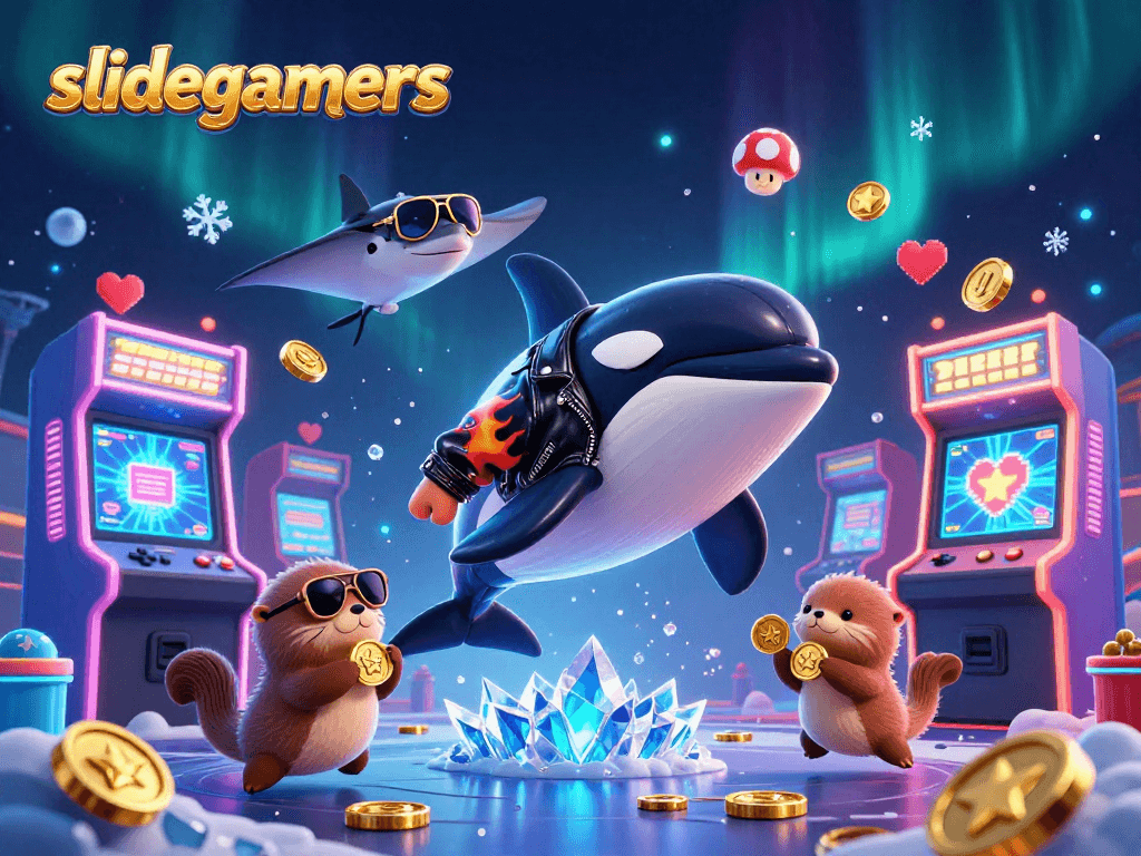 slidegamers showcase dynamic gaming action with an orca, stingray, and otters in a colorful casino scene