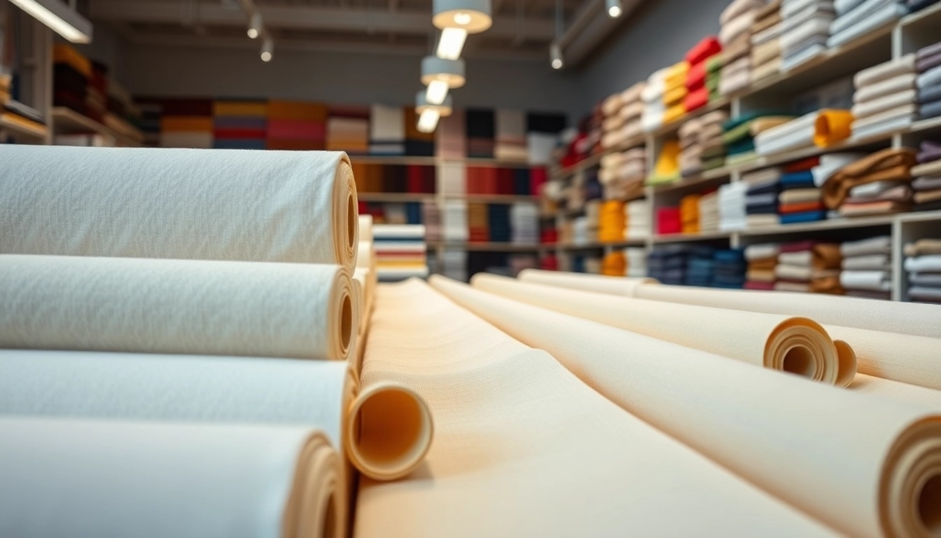 Bekijk neteldoek per meter in een sfeervolle stoffenwinkel, benadruk de kwaliteit en textuur.