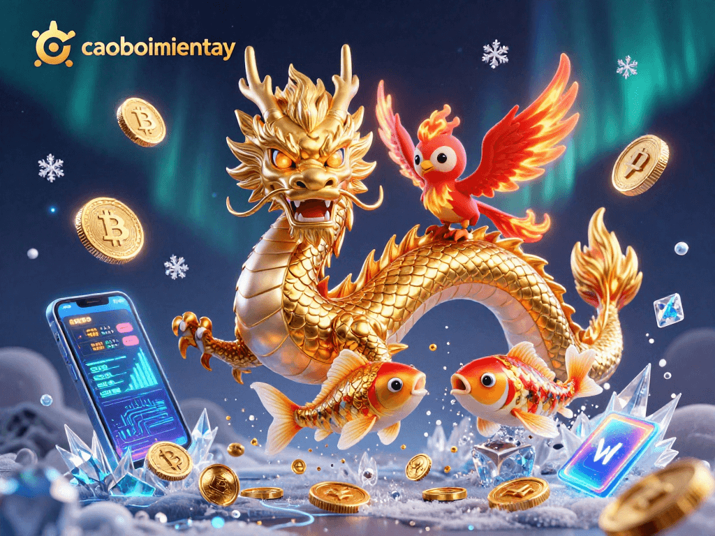 Engage your luck with caoboimientay in a vibrant, action-packed scene featuring a fierce dragon, phoenix, and koi fish.