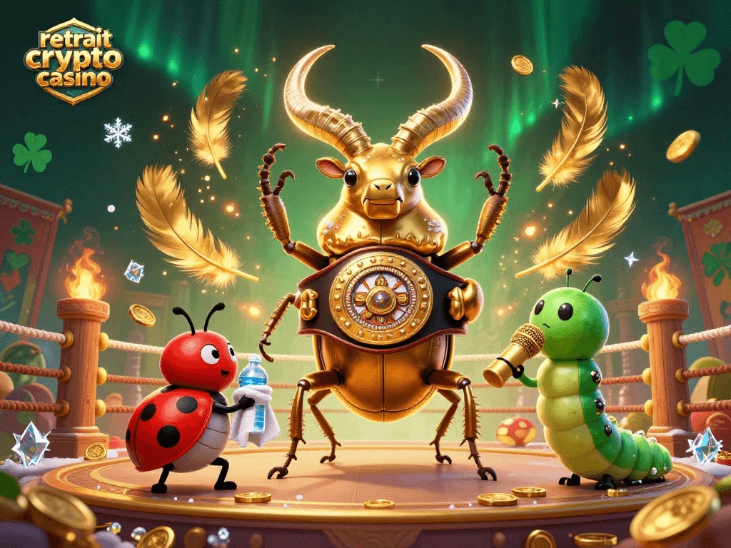 Retrait crypto casino : illustrer l'excitation d'un combat entre personnages sur scène avec des éléments de jeu