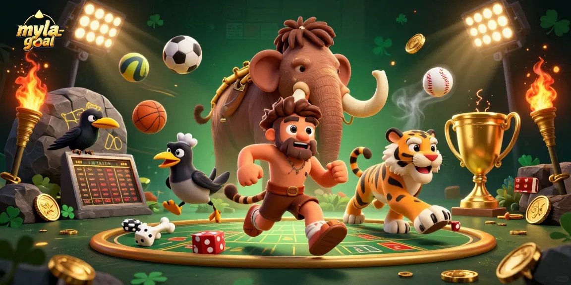 Engage in thrilling gameplay with myla-goal at a vibrant prehistoric casino featuring sports elements and clever characters.