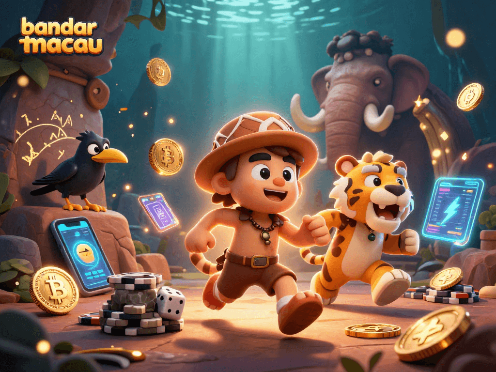 Experience the thrill of bandar toto macau with a unique prehistoric casino scene featuring dynamic characters and elements.
