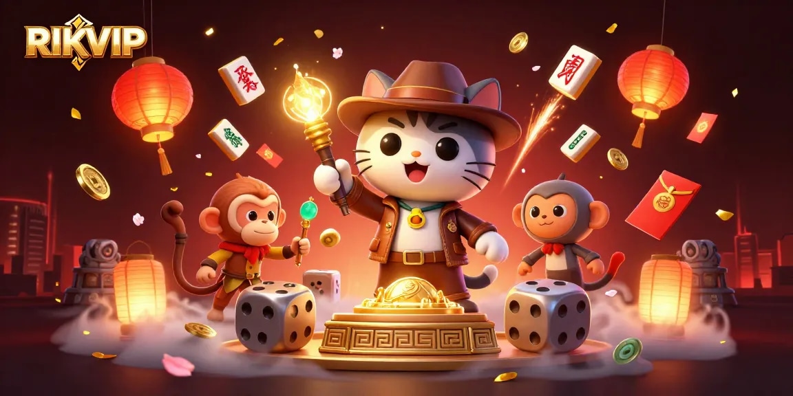 RIKVIP captivates players with an immersive 3D illustration showcasing an adventurous cat and monkey exploring a golden casino artifact.