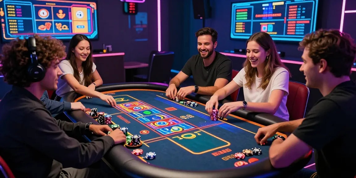 Exciting crypto casino gaming experience with players and interactive digital tables.