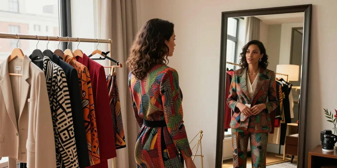 Consulenza d'immagine: donna elegante esplora il proprio armadio in un ambiente moderno.