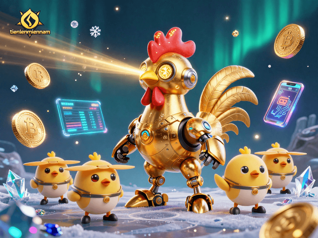 Engage in exciting gameplay at tienlenmiennam with a vibrant scene of futuristic characters, crypto elements, and engaging visuals.