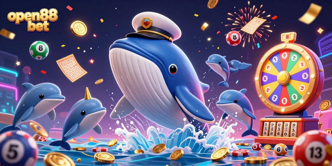 Experience thrill with open88 bet as a cartoon whale breaching coins, surrounded by colorful lottery fun!