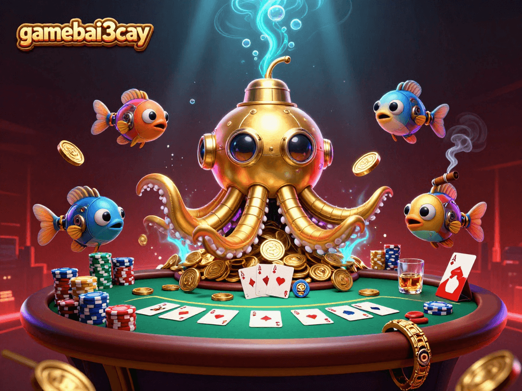 Experience the action with gamebai3cay's vibrant poker scene brought to life by a golden kraken submarine and mechanical fish.