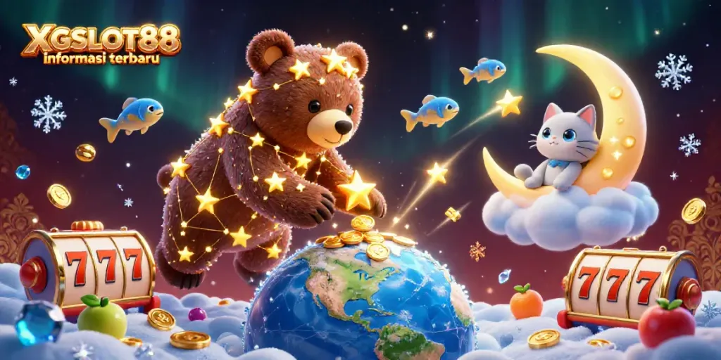 XGSLOT88 informasi terbaru, menggambarkan constellation bear yang menangkap koin dalam suasana kasino.