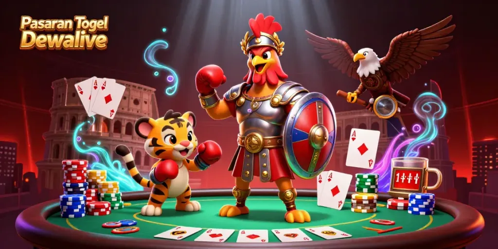 Experience thrilling gaming on Pasaran Togel Dewalive, showcasing vibrant gambling elements in a dynamic illustration.
