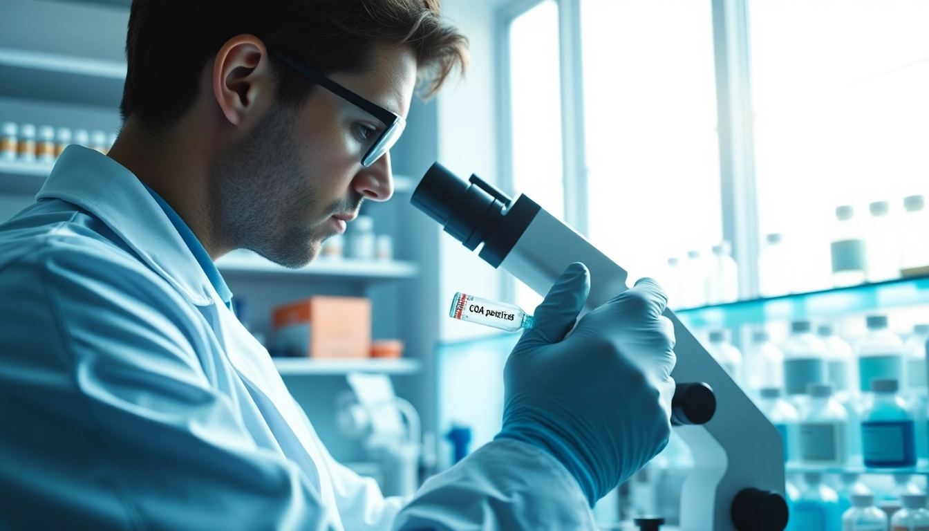 Chemist analyzing COA tested peptides in a bright, professional lab setting.