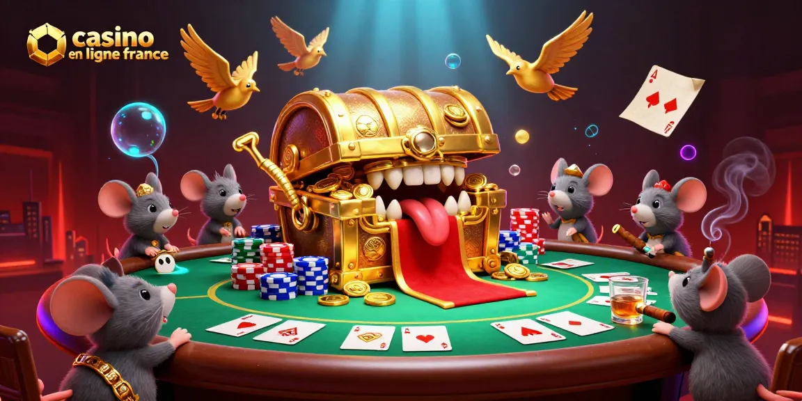 Plongez dans l'action du casino en ligne France avec une illustration captivante de coffre au trésor et cartes.