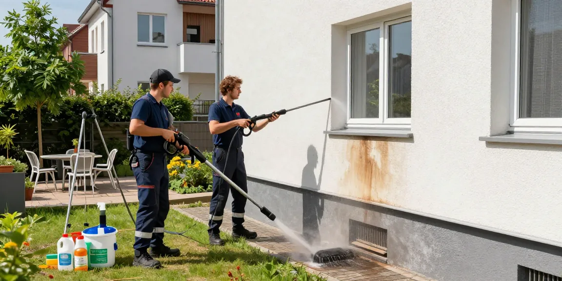 Fassadenreinigung in Calden: Professionelles Reinigungsteam bei der Arbeit.