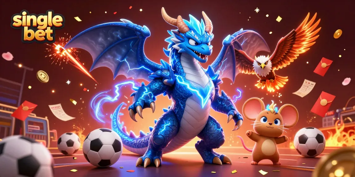 Engage in a thrilling single bet experience amidst a dynamic sports betting scene filled with electrifying characters and festive elements.