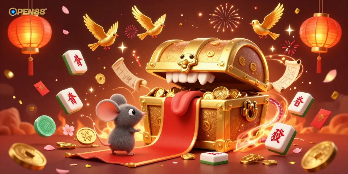 Engage with the thrilling universe of OPEN88, featuring vibrant casino scenes and celebratory elements.
