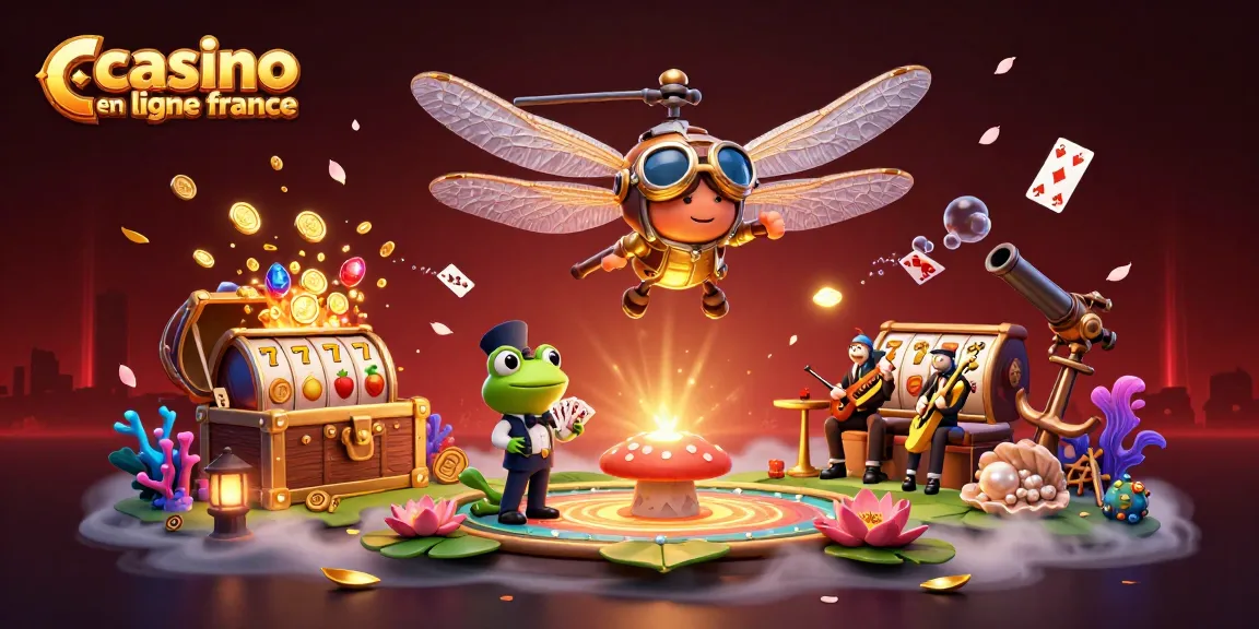 Illustration dynamique de casino en ligne France avec un pilote de libellule et un croupier grenouille.