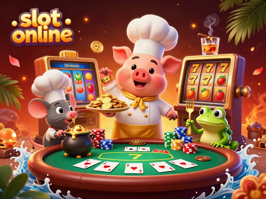 Experience vibrant slot online action with a chef pig, sous-chef mouse, and a frog critic in a lively 3D scene.